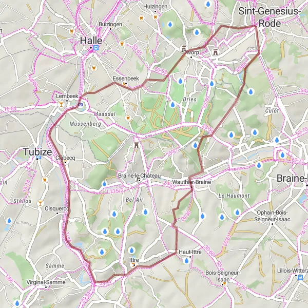 Map miniature of "Alsemberg Gravel Loop" cycling inspiration in Prov. Vlaams-Brabant, Belgium. Generated by Tarmacs.app cycling route planner