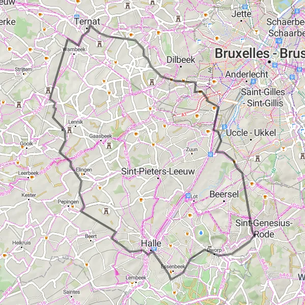 Miniatuurkaart van de fietsinspiratie "Pajottenland en Zennevallei" in Prov. Vlaams-Brabant, Belgium. Gemaakt door de Tarmacs.app fietsrouteplanner