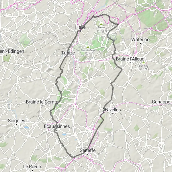 Map miniature of "Alsemberg Road Adventure Extended" cycling inspiration in Prov. Vlaams-Brabant, Belgium. Generated by Tarmacs.app cycling route planner