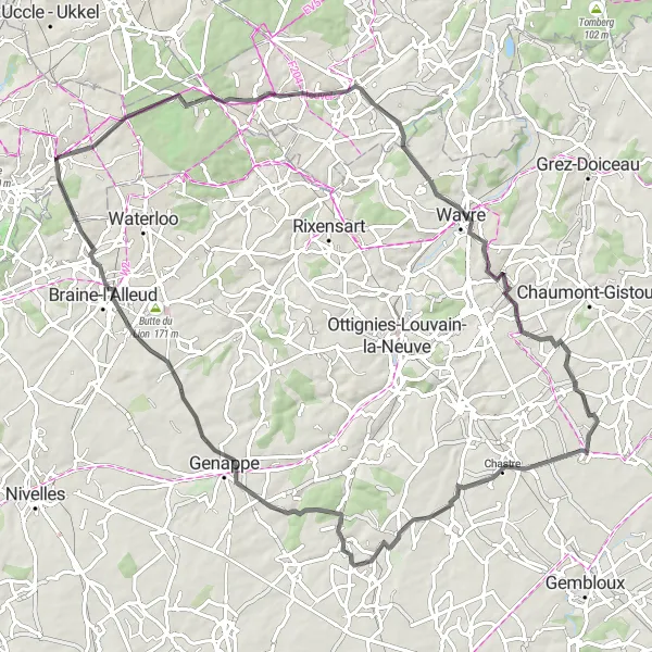 Miniatuurkaart van de fietsinspiratie "Roadtrip langs Villers-la-Ville en Braine-l'Alleud" in Prov. Vlaams-Brabant, Belgium. Gemaakt door de Tarmacs.app fietsrouteplanner