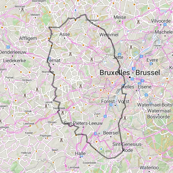 Map miniature of "Alsemberg Road Adventure Plus" cycling inspiration in Prov. Vlaams-Brabant, Belgium. Generated by Tarmacs.app cycling route planner