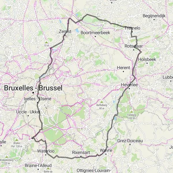 Miniature de la carte de l'inspiration cycliste "Tour de Brabant" dans la Prov. Vlaams-Brabant, Belgium. Générée par le planificateur d'itinéraire cycliste Tarmacs.app
