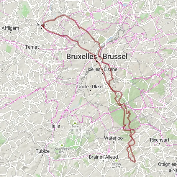 Miniatuurkaart van de fietsinspiratie "89 km Gravelroute door Zoniënwoud" in Prov. Vlaams-Brabant, Belgium. Gemaakt door de Tarmacs.app fietsrouteplanner