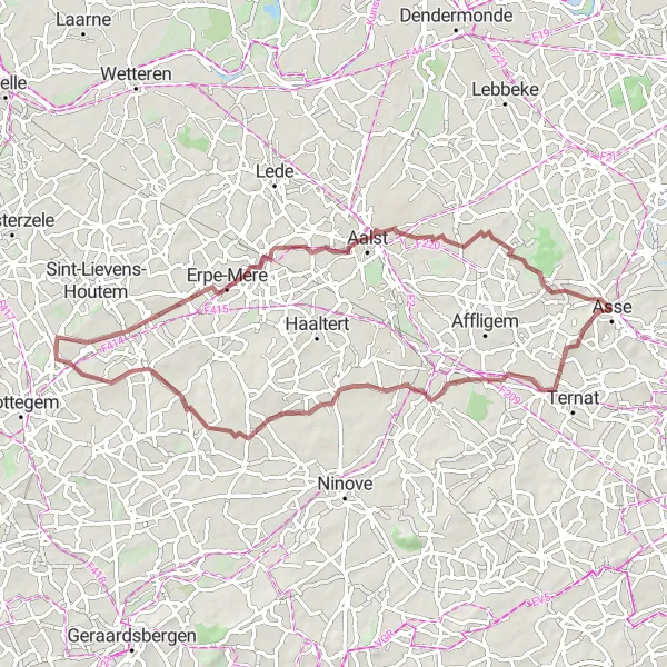 Miniatuurkaart van de fietsinspiratie "Gravelroute vanuit Asse naar Aalst en terug" in Prov. Vlaams-Brabant, Belgium. Gemaakt door de Tarmacs.app fietsrouteplanner