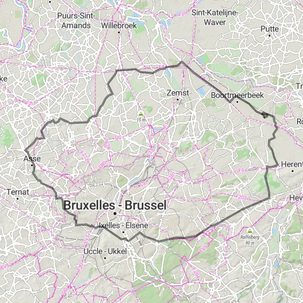 Karten-Miniaturansicht der Radinspiration "Fahrradtour durch Vlaams-Brabant und Brüssel" in Prov. Vlaams-Brabant, Belgium. Erstellt vom Tarmacs.app-Routenplaner für Radtouren