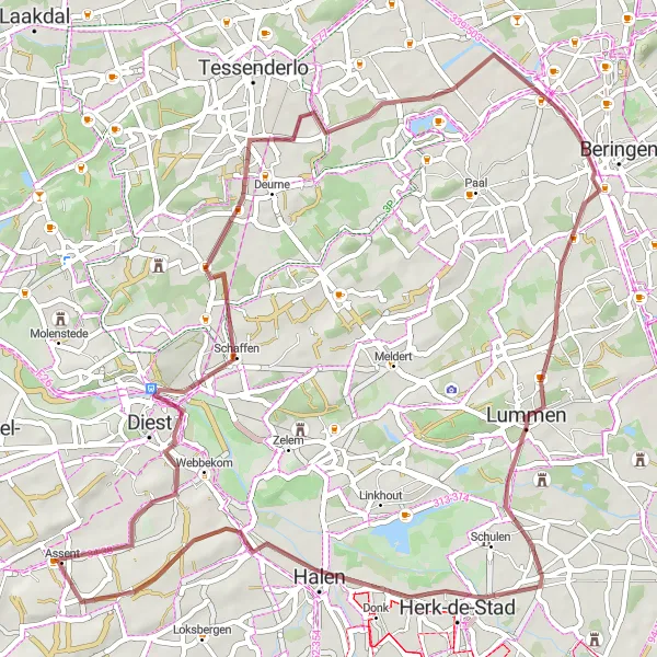 Miniature de la carte de l'inspiration cycliste "Parcours gravel autour d'Assent" dans la Prov. Vlaams-Brabant, Belgium. Générée par le planificateur d'itinéraire cycliste Tarmacs.app