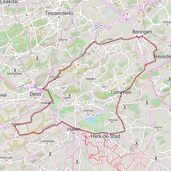 Miniature de la carte de l'inspiration cycliste "Parcours de vélo gravel en partant d'Assent" dans la Prov. Vlaams-Brabant, Belgium. Générée par le planificateur d'itinéraire cycliste Tarmacs.app