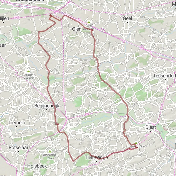 Map miniature of "The Hulshout Gravel Loop" cycling inspiration in Prov. Vlaams-Brabant, Belgium. Generated by Tarmacs.app cycling route planner