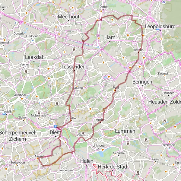 Miniatuurkaart van de fietsinspiratie "Gravelroute naar Venusberg en Meldert" in Prov. Vlaams-Brabant, Belgium. Gemaakt door de Tarmacs.app fietsrouteplanner