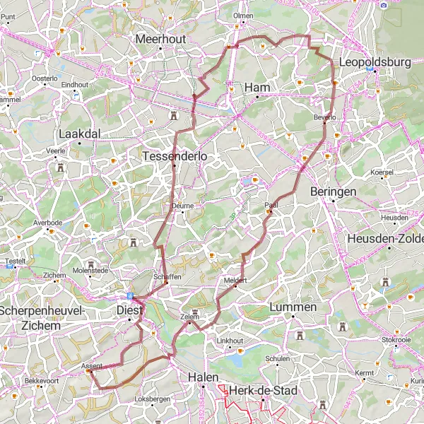 Map miniature of "Assent Gravel Path" cycling inspiration in Prov. Vlaams-Brabant, Belgium. Generated by Tarmacs.app cycling route planner