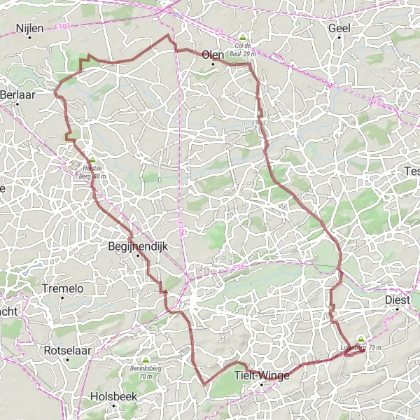 Miniature de la carte de l'inspiration cycliste "Parcours de vélo gravel dans les environs d'Assent" dans la Prov. Vlaams-Brabant, Belgium. Générée par le planificateur d'itinéraire cycliste Tarmacs.app