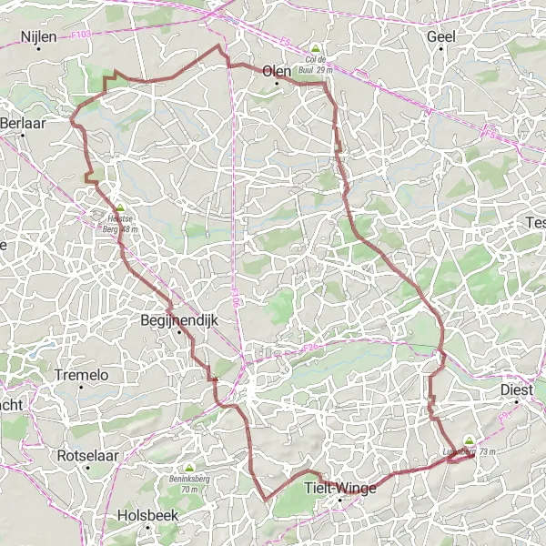 Miniatuurkaart van de fietsinspiratie "Gravelroute naar Watertoren - Uitkijktoren en Scherpenheuvel" in Prov. Vlaams-Brabant, Belgium. Gemaakt door de Tarmacs.app fietsrouteplanner