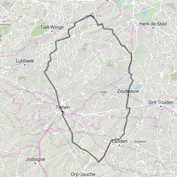 Karten-Miniaturansicht der Radinspiration "Straßenradtour durch Budingen und Luienberg" in Prov. Vlaams-Brabant, Belgium. Erstellt vom Tarmacs.app-Routenplaner für Radtouren