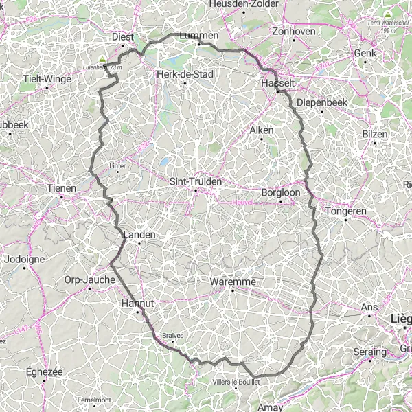 Miniature de la carte de l'inspiration cycliste "Aventure cycliste sur route au départ d'Assent" dans la Prov. Vlaams-Brabant, Belgium. Générée par le planificateur d'itinéraire cycliste Tarmacs.app