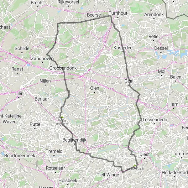 Map miniature of "Bekkevoort Scenic Route" cycling inspiration in Prov. Vlaams-Brabant, Belgium. Generated by Tarmacs.app cycling route planner