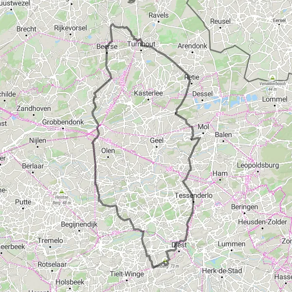 Karten-Miniaturansicht der Radinspiration "Epische Straßenradtour durch Assent und Oud-Turnhout" in Prov. Vlaams-Brabant, Belgium. Erstellt vom Tarmacs.app-Routenplaner für Radtouren