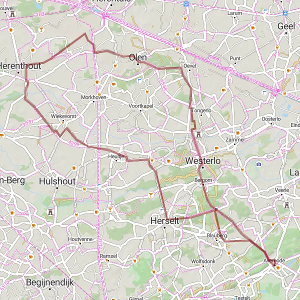 Map miniature of "Averbode - Olen Loop (52 km)" cycling inspiration in Prov. Vlaams-Brabant, Belgium. Generated by Tarmacs.app cycling route planner