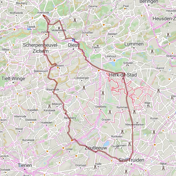 Miniature de la carte de l'inspiration cycliste "Parcours unique de gravel autour de Averbode" dans la Prov. Vlaams-Brabant, Belgium. Générée par le planificateur d'itinéraire cycliste Tarmacs.app
