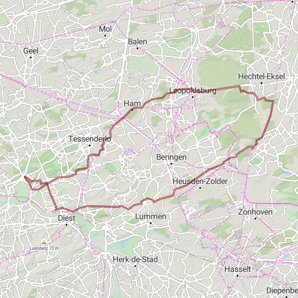 Miniature de la carte de l'inspiration cycliste "Parcours de gravel entre Averbode et Meldert" dans la Prov. Vlaams-Brabant, Belgium. Générée par le planificateur d'itinéraire cycliste Tarmacs.app