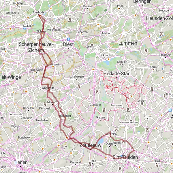 Miniatuurkaart van de fietsinspiratie "Gravelroute Scherpenheuvel - Zichem" in Prov. Vlaams-Brabant, Belgium. Gemaakt door de Tarmacs.app fietsrouteplanner