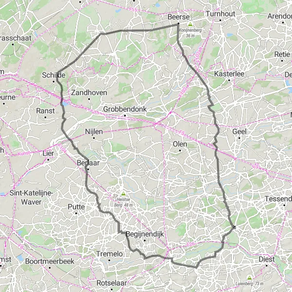 Map miniature of "Averbode - Zammel Loop (115 km)" cycling inspiration in Prov. Vlaams-Brabant, Belgium. Generated by Tarmacs.app cycling route planner