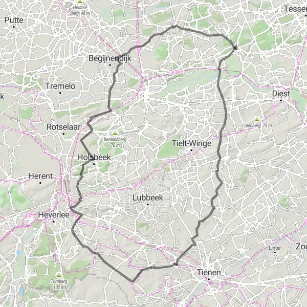 Map miniature of "Averbode - Keiberg Loop (86 km)" cycling inspiration in Prov. Vlaams-Brabant, Belgium. Generated by Tarmacs.app cycling route planner