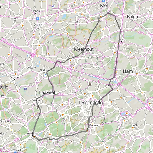 Miniature de la carte de l'inspiration cycliste "Tour pittoresque de Meerhout à Het Arendschot" dans la Prov. Vlaams-Brabant, Belgium. Générée par le planificateur d'itinéraire cycliste Tarmacs.app
