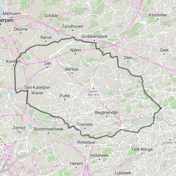 Map miniature of "Averbode - Bouwel Loop (115 km)" cycling inspiration in Prov. Vlaams-Brabant, Belgium. Generated by Tarmacs.app cycling route planner
