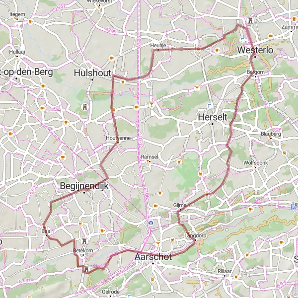 Miniatuurkaart van de fietsinspiratie "Gravelroute Baal - Langdorp" in Prov. Vlaams-Brabant, Belgium. Gemaakt door de Tarmacs.app fietsrouteplanner