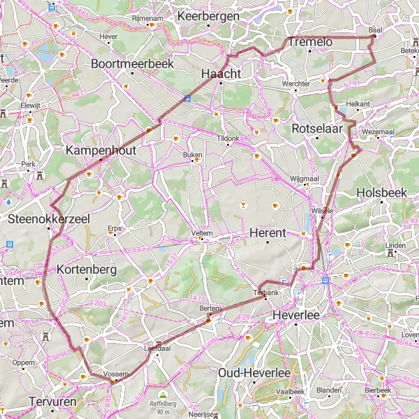 Karten-Miniaturansicht der Radinspiration "Gravel-Tour rund um Baal" in Prov. Vlaams-Brabant, Belgium. Erstellt vom Tarmacs.app-Routenplaner für Radtouren