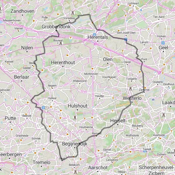 Miniatuurkaart van de fietsinspiratie "Baal naar Grobbendonk Route" in Prov. Vlaams-Brabant, Belgium. Gemaakt door de Tarmacs.app fietsrouteplanner