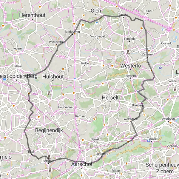 Map miniature of "Hidden Gems of Heistse Berg" cycling inspiration in Prov. Vlaams-Brabant, Belgium. Generated by Tarmacs.app cycling route planner