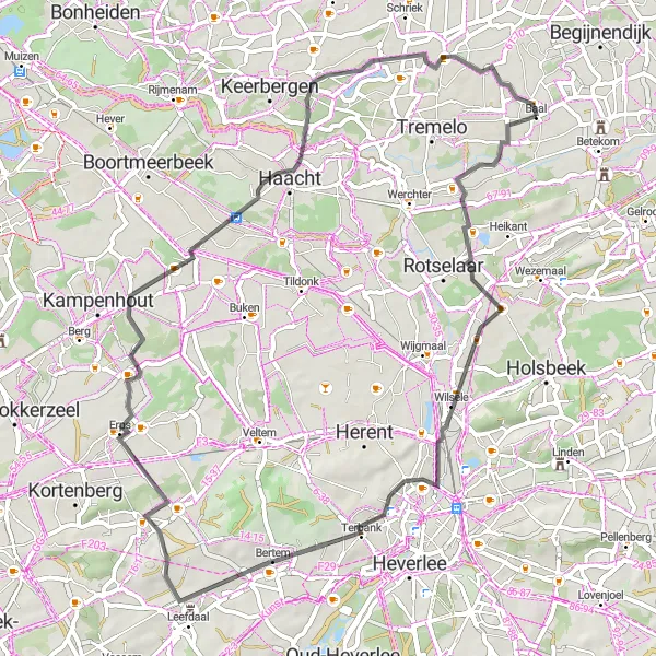 Map miniature of "Baal Castle and Natural Discoveries" cycling inspiration in Prov. Vlaams-Brabant, Belgium. Generated by Tarmacs.app cycling route planner