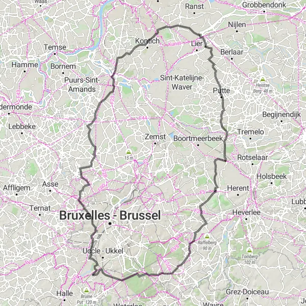 Map miniature of "Through the Green Heart of Belgium: Zellik to Linkebeek" cycling inspiration in Prov. Vlaams-Brabant, Belgium. Generated by Tarmacs.app cycling route planner