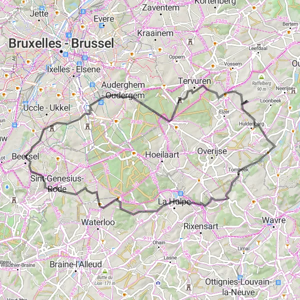 Map miniature of "Beersel - Château de Pape - La Hulpe" cycling inspiration in Prov. Vlaams-Brabant, Belgium. Generated by Tarmacs.app cycling route planner