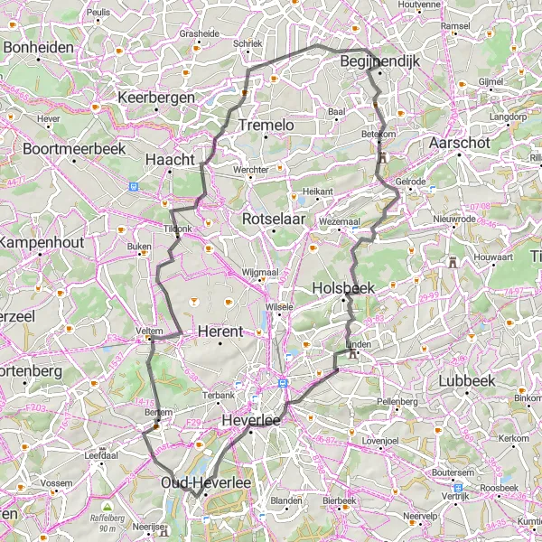 Miniatuurkaart van de fietsinspiratie "Rondrit Begijnendijk - Tildonk" in Prov. Vlaams-Brabant, Belgium. Gemaakt door de Tarmacs.app fietsrouteplanner