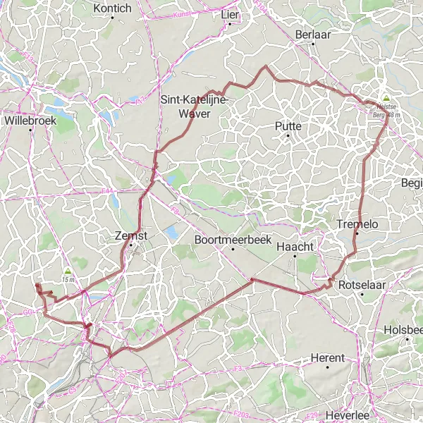 Karten-Miniaturansicht der Radinspiration "Gravelabenteuer um Beigem" in Prov. Vlaams-Brabant, Belgium. Erstellt vom Tarmacs.app-Routenplaner für Radtouren