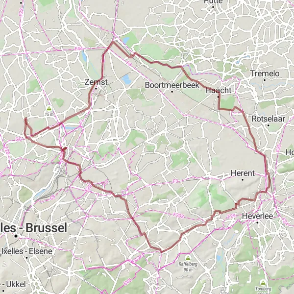 Miniatuurkaart van de fietsinspiratie "Gravelroute rond Beigem" in Prov. Vlaams-Brabant, Belgium. Gemaakt door de Tarmacs.app fietsrouteplanner