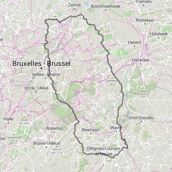 Miniature de la carte de l'inspiration cycliste "Route Histoire et Paysages 108km" dans la Prov. Vlaams-Brabant, Belgium. Générée par le planificateur d'itinéraire cycliste Tarmacs.app