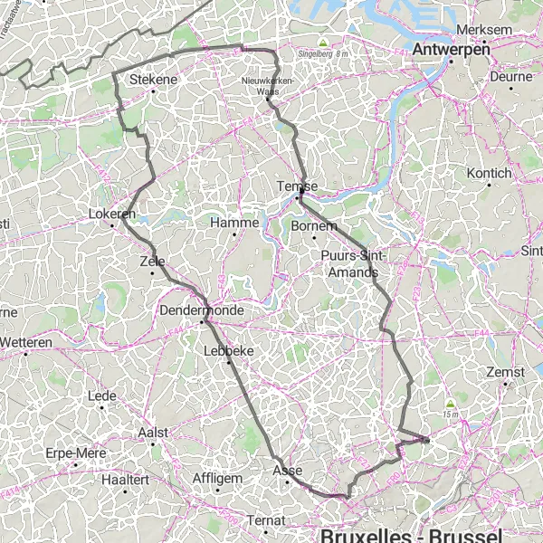 Map miniature of "Exploring Relegem and Sinaai" cycling inspiration in Prov. Vlaams-Brabant, Belgium. Generated by Tarmacs.app cycling route planner