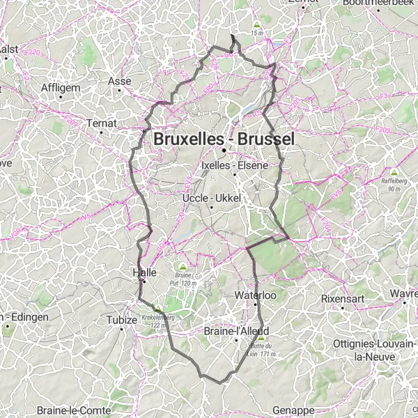 Miniature de la carte de l'inspiration cycliste "Boucle Waterloo 99km" dans la Prov. Vlaams-Brabant, Belgium. Générée par le planificateur d'itinéraire cycliste Tarmacs.app