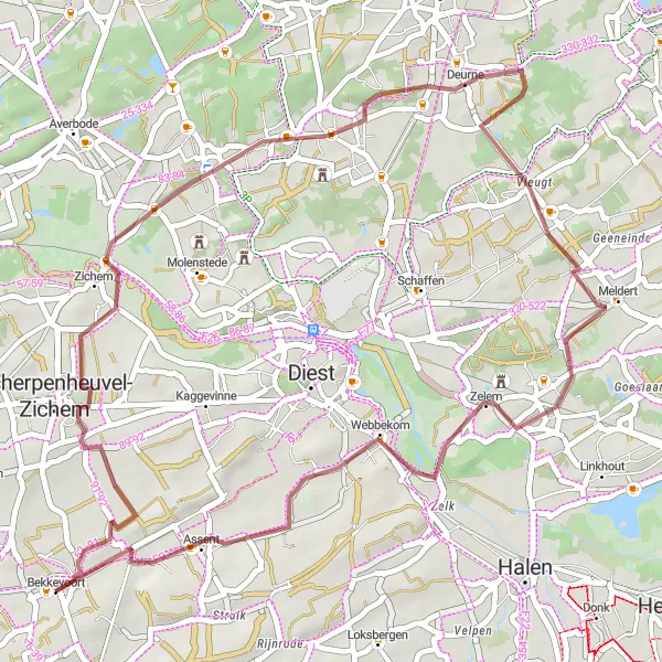 Miniature de la carte de l'inspiration cycliste "Parcours gravier à Engsbergen et Zelem" dans la Prov. Vlaams-Brabant, Belgium. Générée par le planificateur d'itinéraire cycliste Tarmacs.app