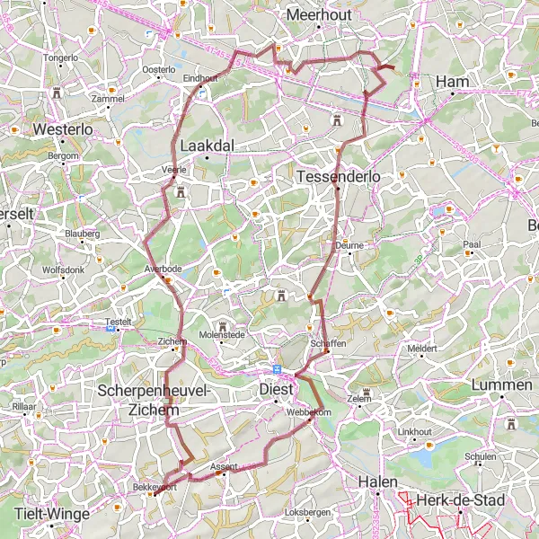 Miniatuurkaart van de fietsinspiratie "Gravelroute naar Eindhout en Webbekom" in Prov. Vlaams-Brabant, Belgium. Gemaakt door de Tarmacs.app fietsrouteplanner