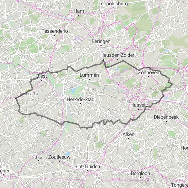 Miniatuurkaart van de fietsinspiratie "Tocht langs Meldert en Sint-Lambrechts-Herk" in Prov. Vlaams-Brabant, Belgium. Gemaakt door de Tarmacs.app fietsrouteplanner