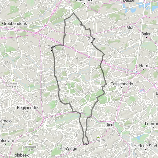 Miniature de la carte de l'inspiration cycliste "Le Circuit des Châteaux du Brabant" dans la Prov. Vlaams-Brabant, Belgium. Générée par le planificateur d'itinéraire cycliste Tarmacs.app