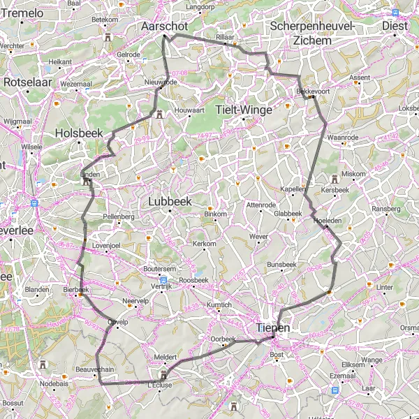 Map miniature of "Road Cycling Exploration in Vlaams-Brabant" cycling inspiration in Prov. Vlaams-Brabant, Belgium. Generated by Tarmacs.app cycling route planner