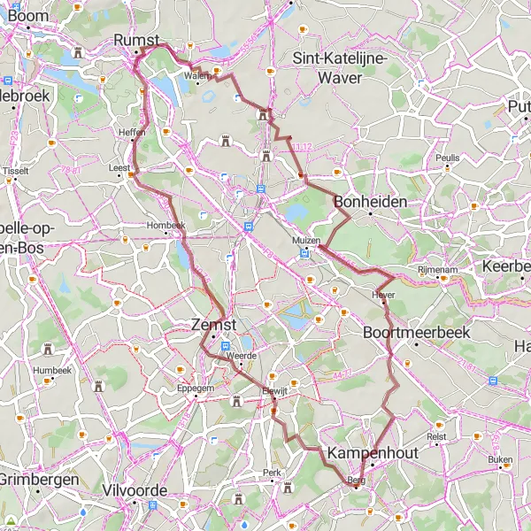 Map miniature of "Elewijt - Zennegat - Vogelkijkhut Eeckhoven - Elzestraat - Kampenhout" cycling inspiration in Prov. Vlaams-Brabant, Belgium. Generated by Tarmacs.app cycling route planner