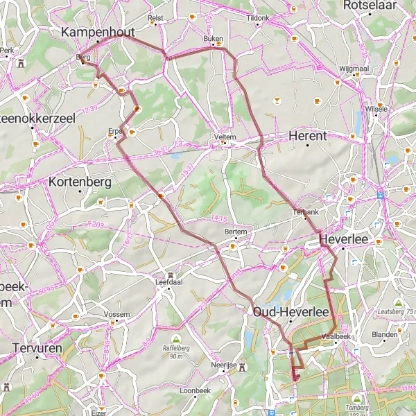 Miniature de la carte de l'inspiration cycliste "Les Chemins de Traverse du Brabant" dans la Prov. Vlaams-Brabant, Belgium. Générée par le planificateur d'itinéraire cycliste Tarmacs.app