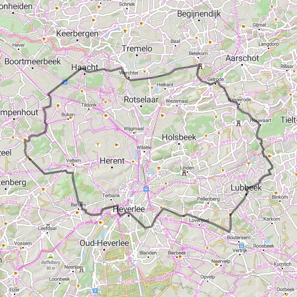 Map miniature of "Haacht to Erps-Kwerps Road Route" cycling inspiration in Prov. Vlaams-Brabant, Belgium. Generated by Tarmacs.app cycling route planner