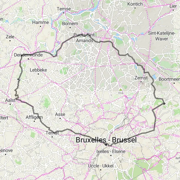 Map miniature of "Sint-Stevens-Woluwe to Kampenhout Road Route" cycling inspiration in Prov. Vlaams-Brabant, Belgium. Generated by Tarmacs.app cycling route planner